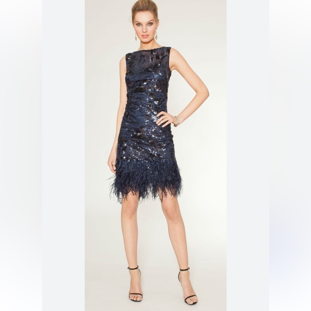 Teri Jon Feather-Trim Sequin Sheath Dress Navy Blue Sleeves 2